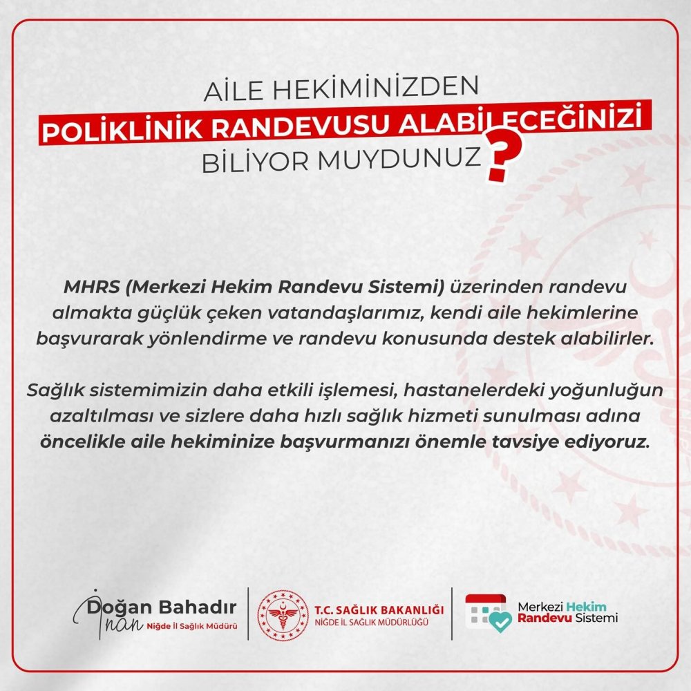 Aile hekimlerinden hastane randevusu desteği