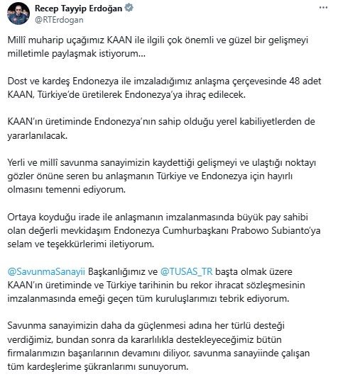 Erdoğan’dan KAAN açıklaması: 48 uçaklık ihracat anlaşması