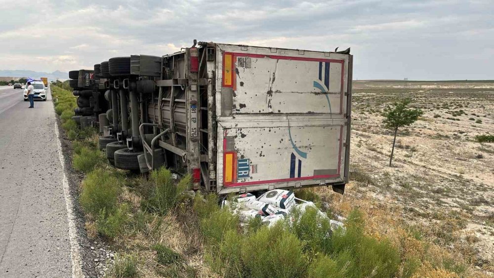 Un yüklü tır şarampole devrildi: Un torbaları araziye saçıldı