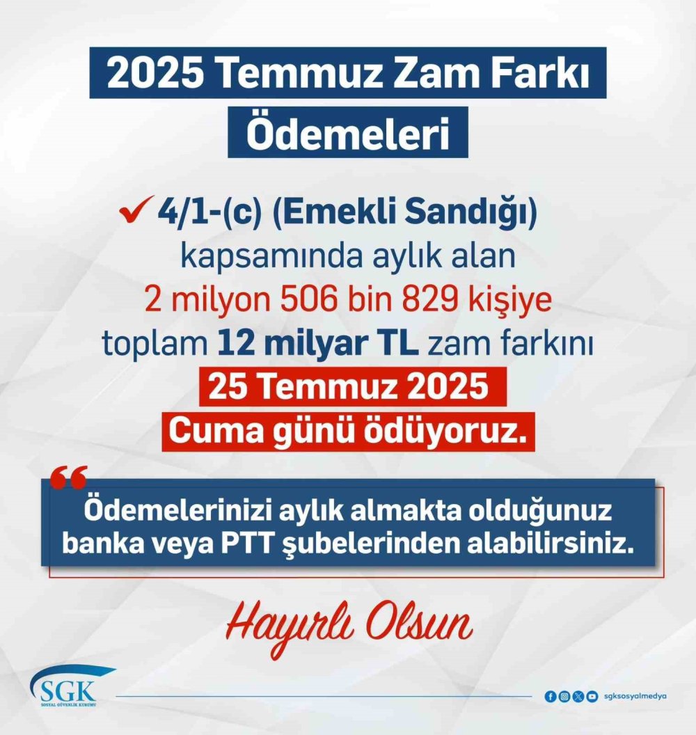 2,5 milyon kişiye 12 milyar TL zam farkı ödenecek