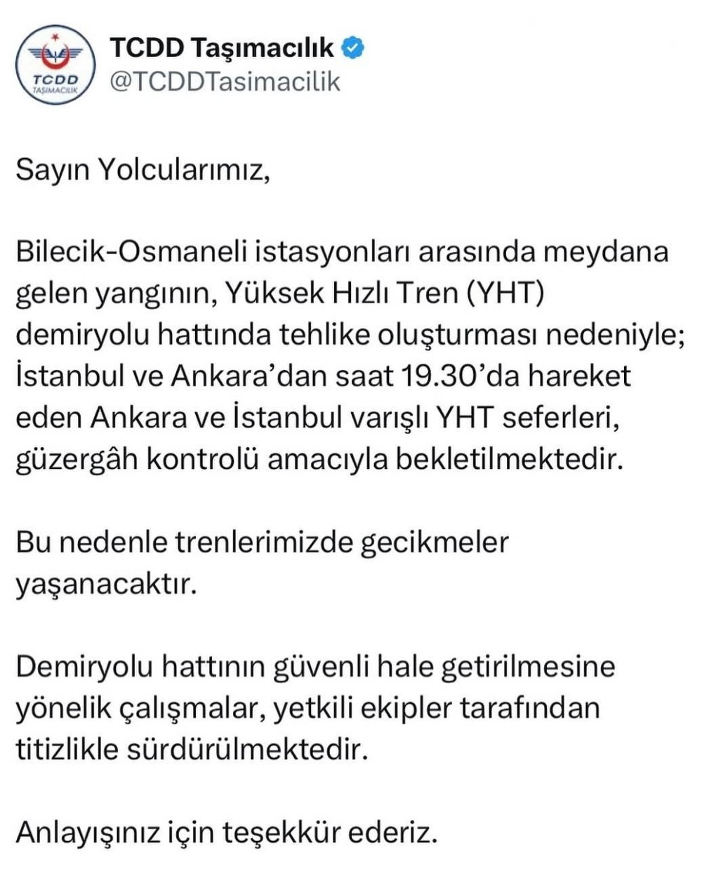 Orman yangını YHT seferlerini de aksattı