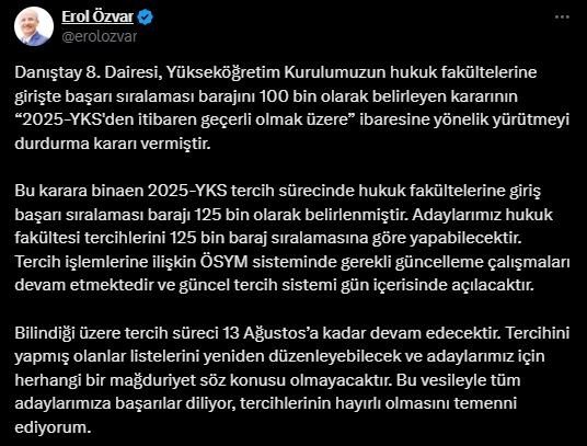 Hukuk fakültelerinde başarı sırası barajı 125 bine yükseltildi