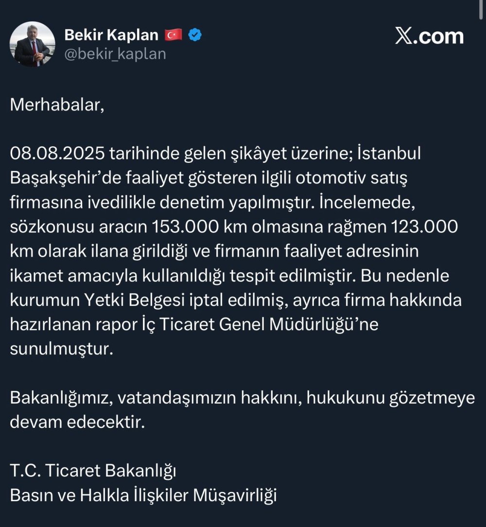 Kilometresi düşürülerek ilana koyulan araca bakanlık müdahale etti