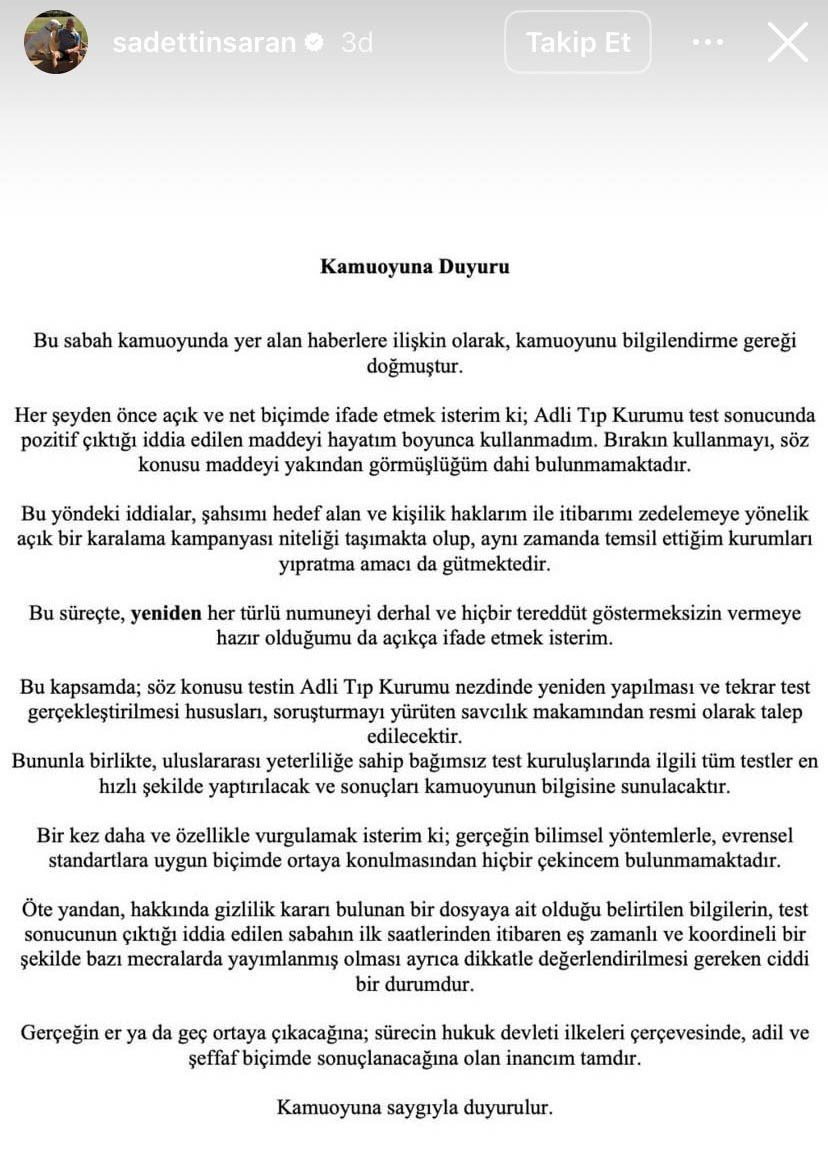 Adli Tıp Raporu Sonrası Sadettin Saran’dan Sert Açıklama
