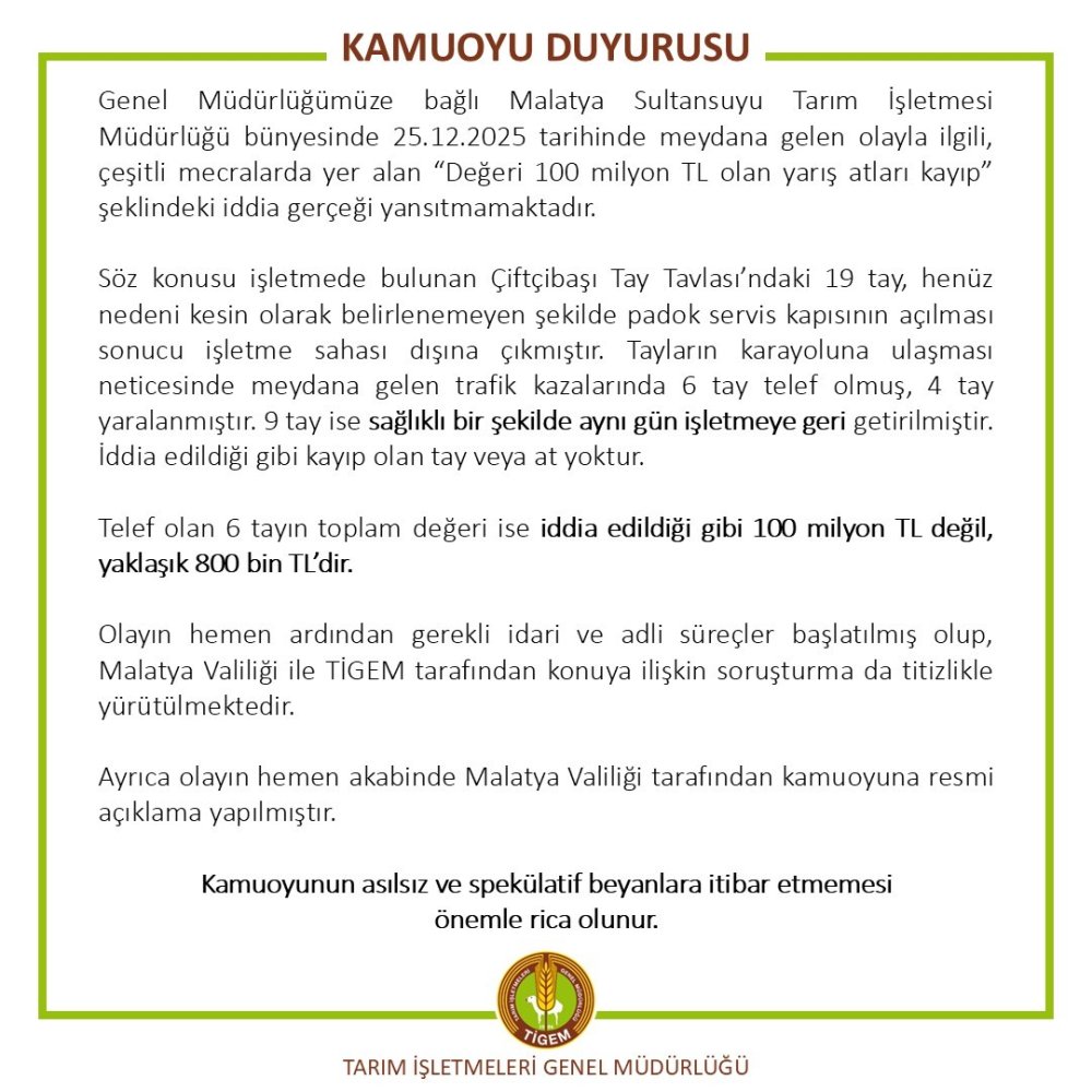 TİGEM’den ’'kayıp yarış atları' açıklaması: Yalan