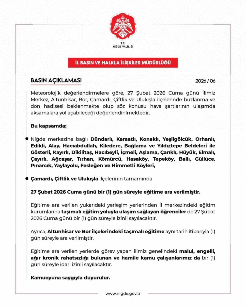 Niğde’de Kar Alarmı: Çok Sayıda Yerde Okullar Tatil