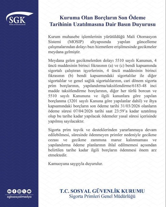 SGK Ödeme Sürelerini Uzattı: Son Gün 7 Nisan!