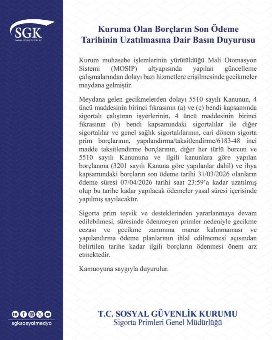 SGK bilgisayar sistemindeki arıza sebebiyle borçların son ödeme tarihini uzattı