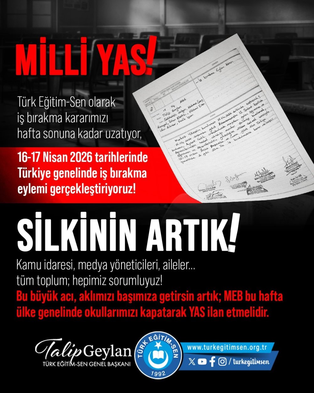 Türk Eğitim-Sen: İş bırakma kararını hafta sonuna kadar uzatıyoruz