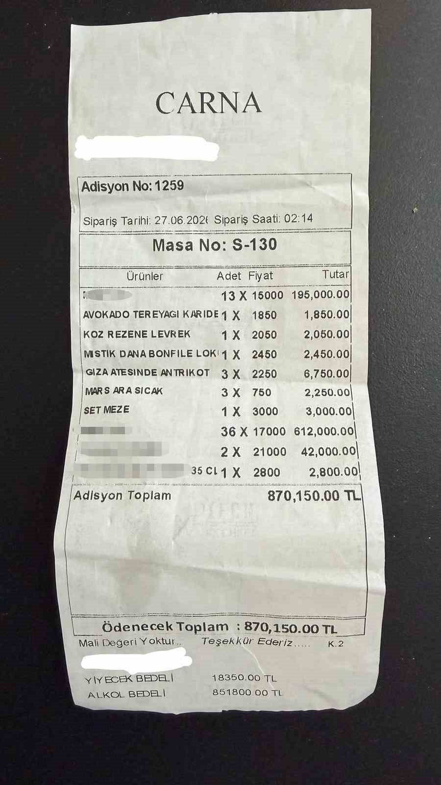 870 Bin TL’lik Hesap Şok Etti: İşletmeden Açıklama Geldi