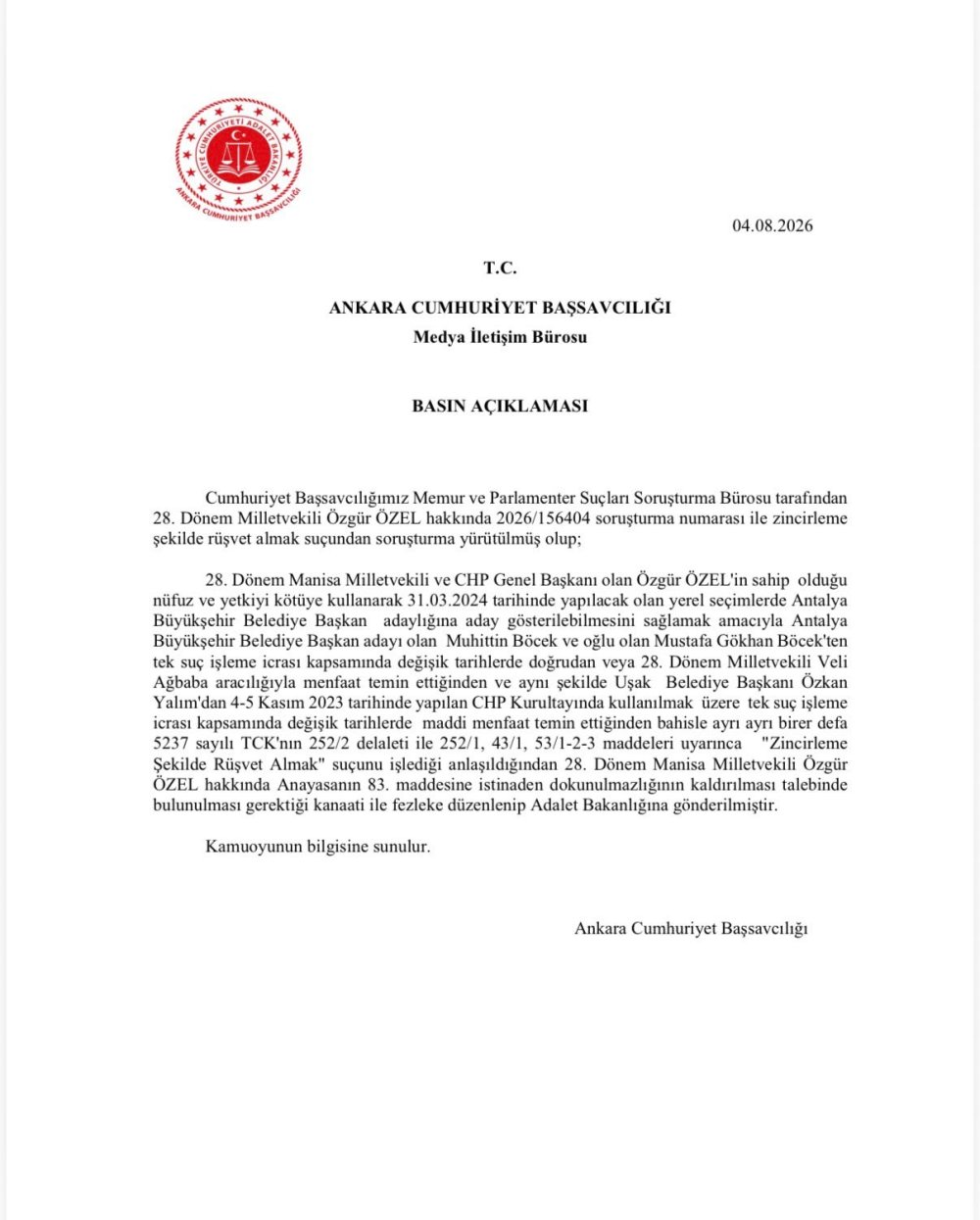 Özgür Özel ve Veli Ağbaba İçin Şok Fezleke: Dokunulmazlıklarının Kaldırılması İstendi!