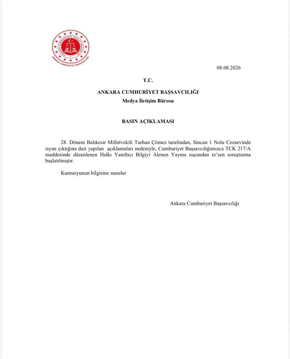 Turhan Çömez Hakkında Soruşturma: Sincan Cezaevi İddialarına Yargıdan Hızlı Hamle!