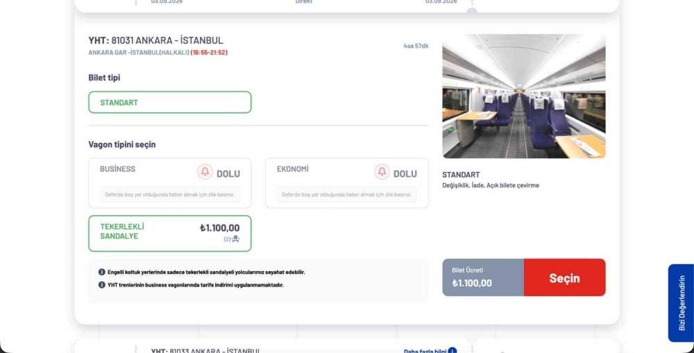 TCDD'den Bilet Bulamayanlara Müjde: Boş Yer Butonu Geldi