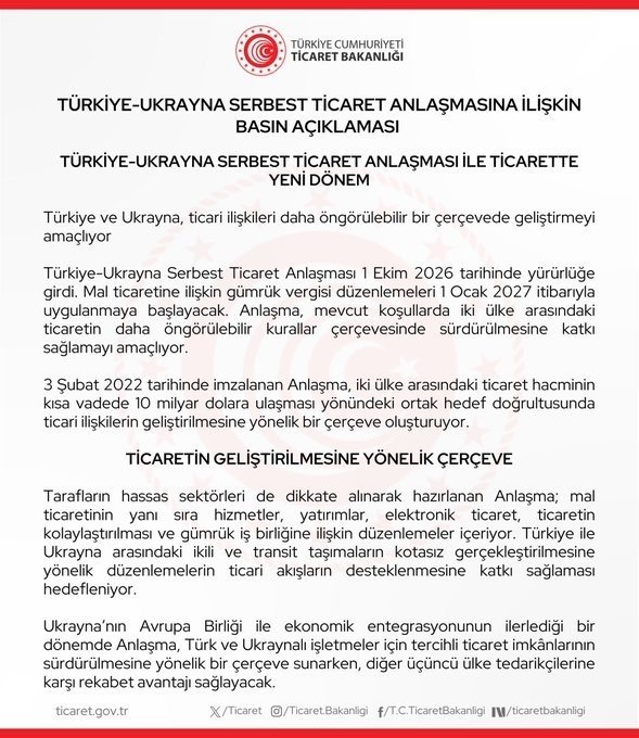 Türkiye-Ukrayna Serbest Ticaret Anlaşması yürürlüğe girdi