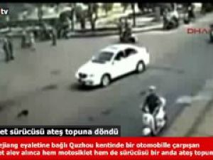 Motosiklet sürücüsü ateş topuna döndü