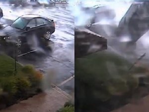 ABD’nin New Jersey eyaletinde kuvvetli fırtına park halindeki aracı ters çevirdi.